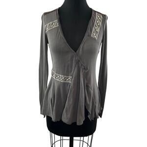 Burning Torch Gray Boho V-Neck Ruffle Embroidered Floral Distressed Top Medium M